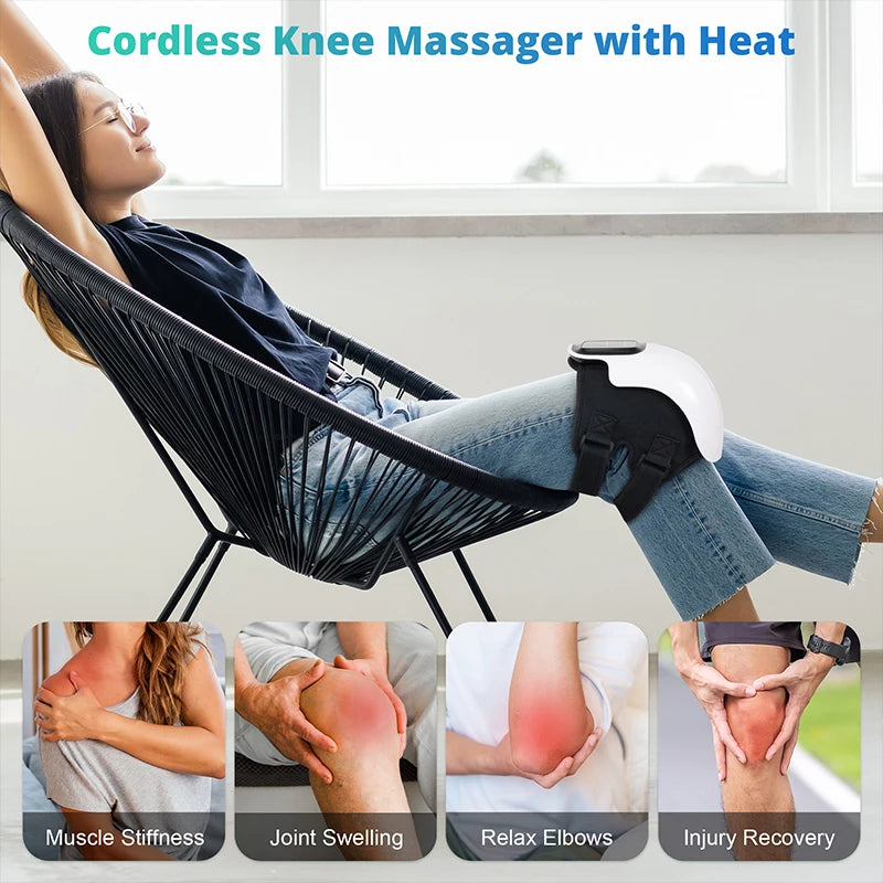 Heated Knee Massager with Vibration | 3 Heat & Massage Levels | LED Display | Cordless Rechargeable Knee Brace for Pain Relief & Joint Recovery
