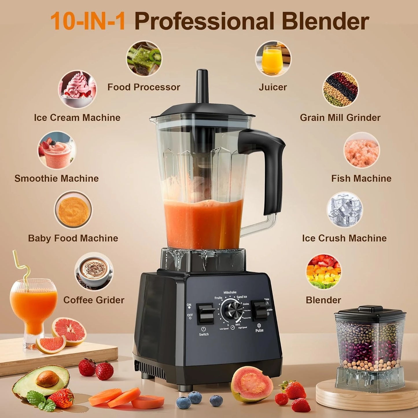 Professional Blender & Grinder Combo | 2400W Peak Power, 68oz BPA-Free Pitcher, 25000 RPM Ice Crusher | Smoothies, Shakes & More