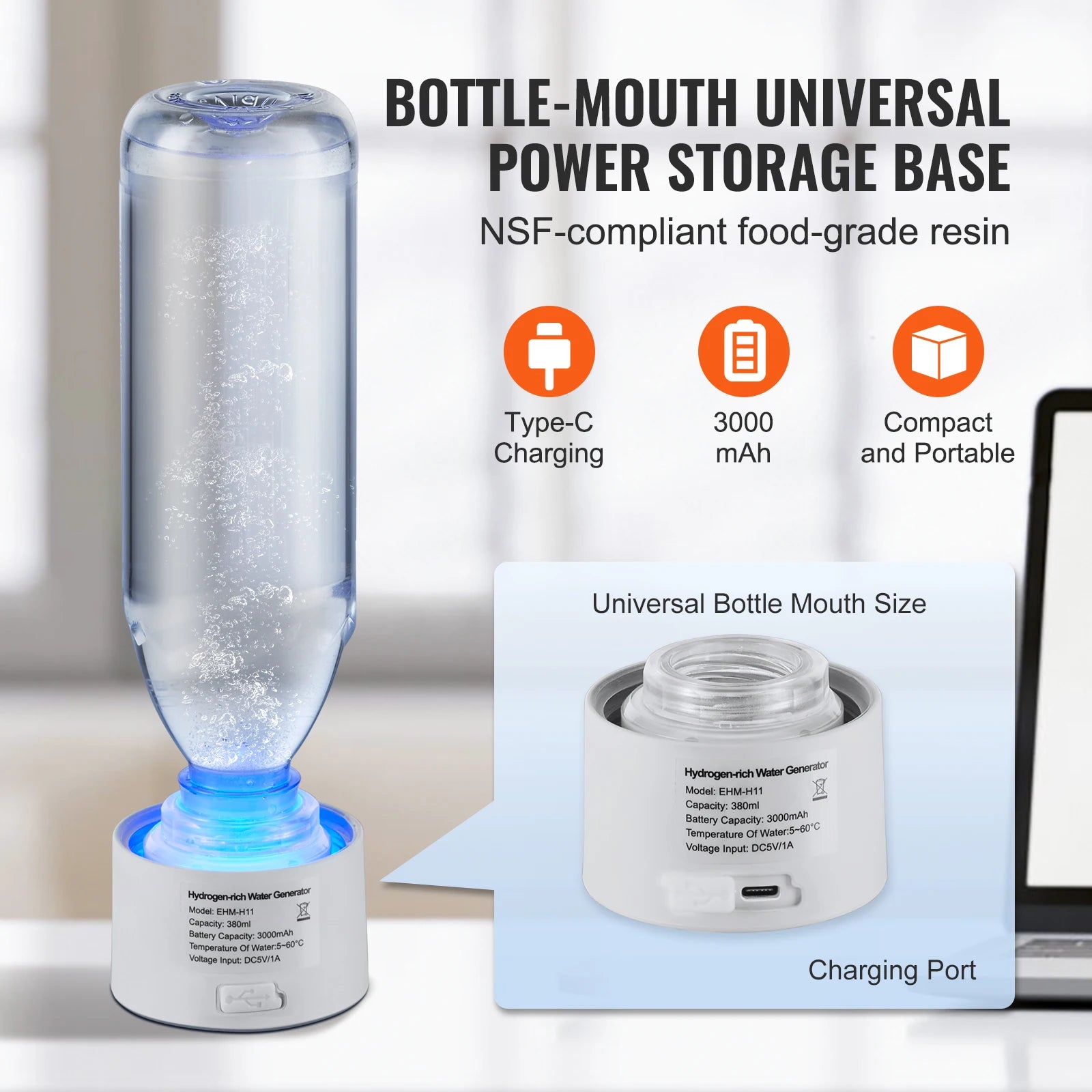 Hydrogen Water Bottle Generator | 380 ml Hydrogen-Rich Water Maker with Inhalation & Self-Cleaning | Portable Ionizer for Energy, Recovery & Daily Wellness