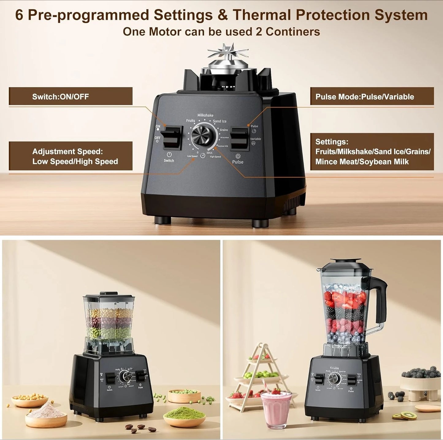 Professional Blender & Grinder Combo | 2400W Peak Power, 68oz BPA-Free Pitcher, 25000 RPM Ice Crusher | Smoothies, Shakes & More