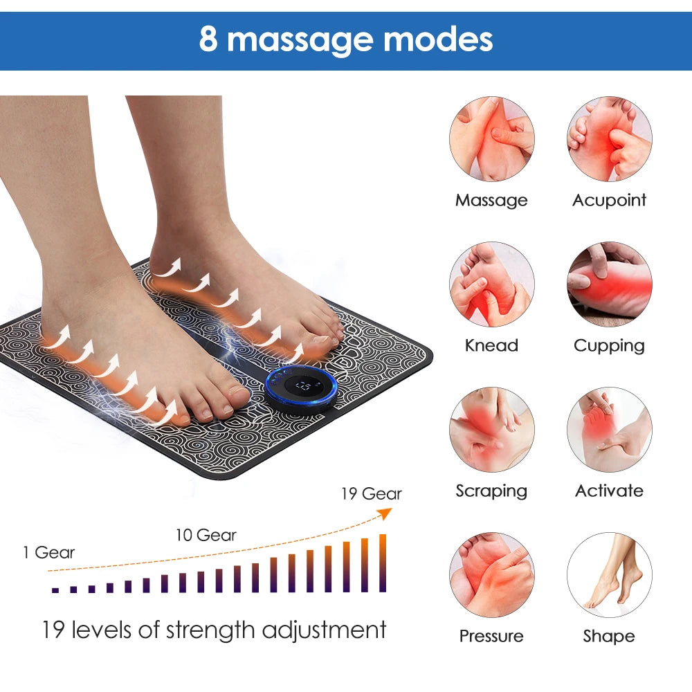 EMS Foot Massager Mat | USB Rechargeable | 8 Modes & 19 Intensities | Remote + Gel Pads for Arms/Back