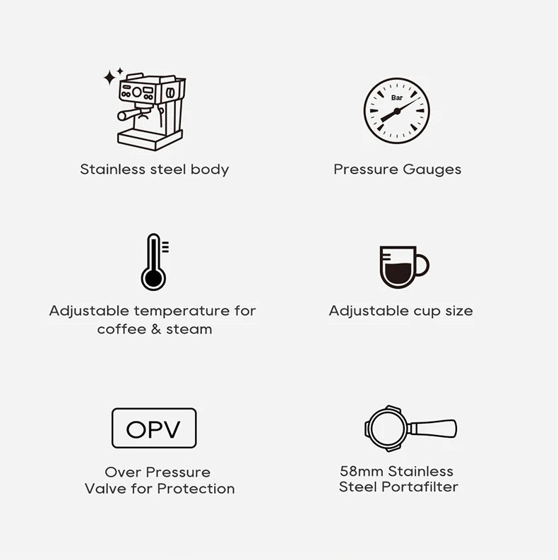 Semi Automatic Espresso Machine with Steam Wand | 20-Bar Pressure, 58mm Portafilter, PID Control | Adjustable Temperature & Cold Brew | 1.8L Tank – H10A