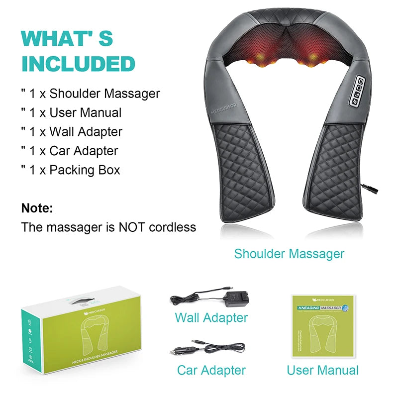 Shiatsu Neck & Shoulder Massager | 8 Nodes | Heat Function | Portable with Car Adapter
