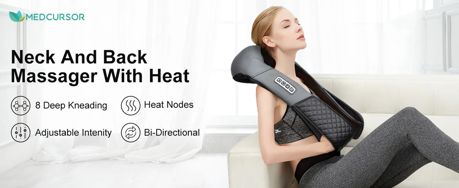 Shiatsu Neck & Shoulder Massager | 8 Nodes | Heat Function | Portable with Car Adapter