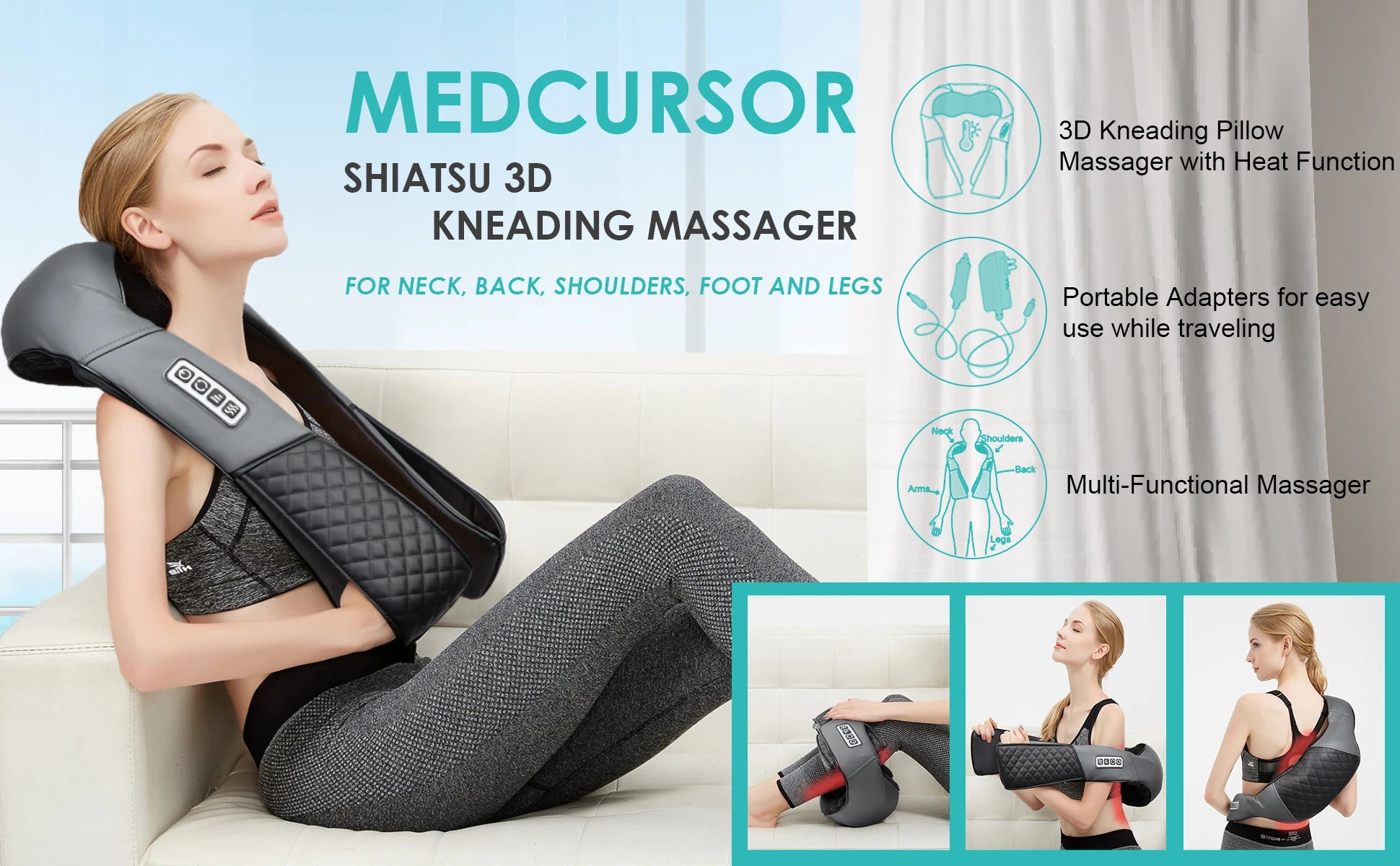 Shiatsu Neck & Shoulder Massager | 8 Nodes | Heat Function | Portable with Car Adapter