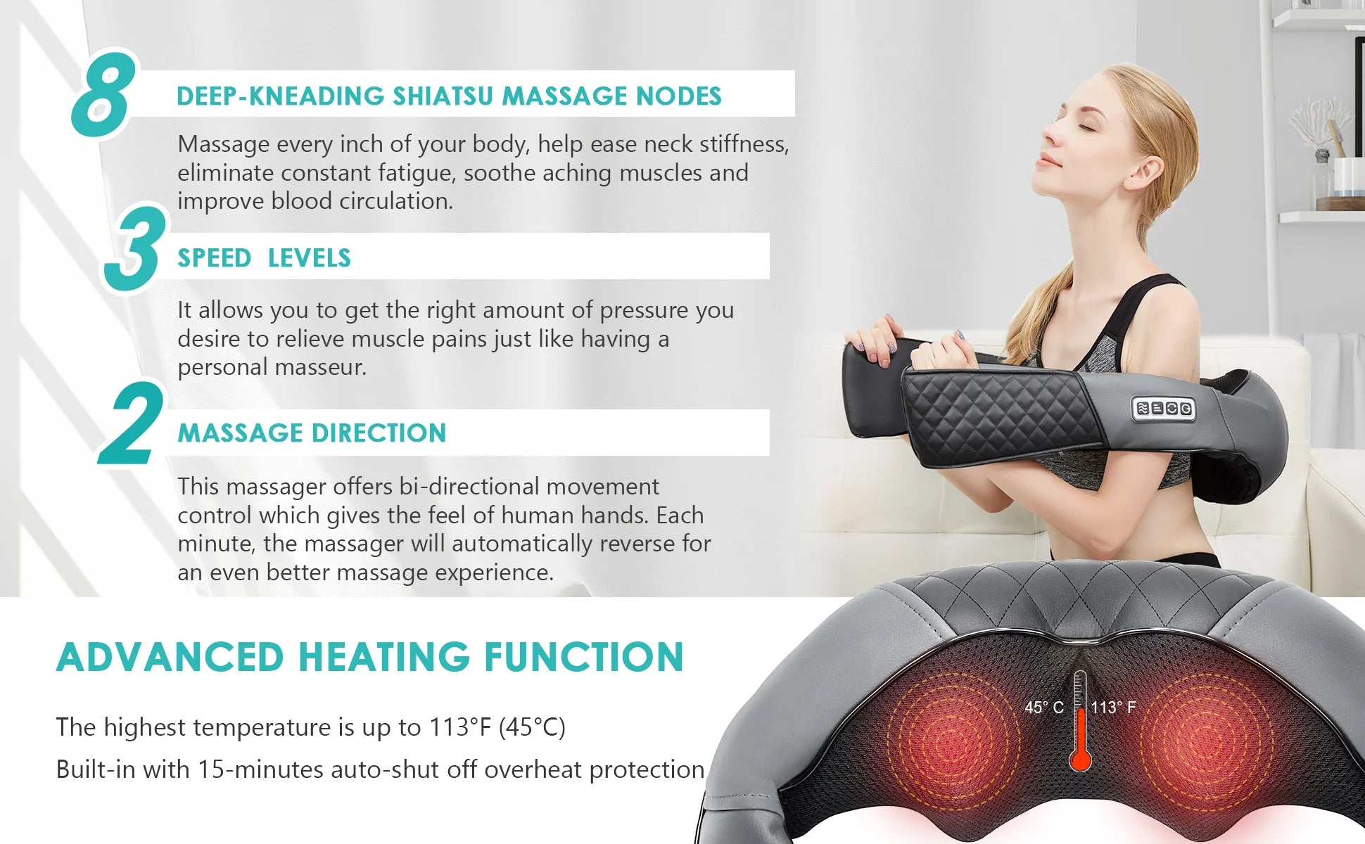 Shiatsu Neck & Shoulder Massager | 8 Nodes | Heat Function | Portable with Car Adapter