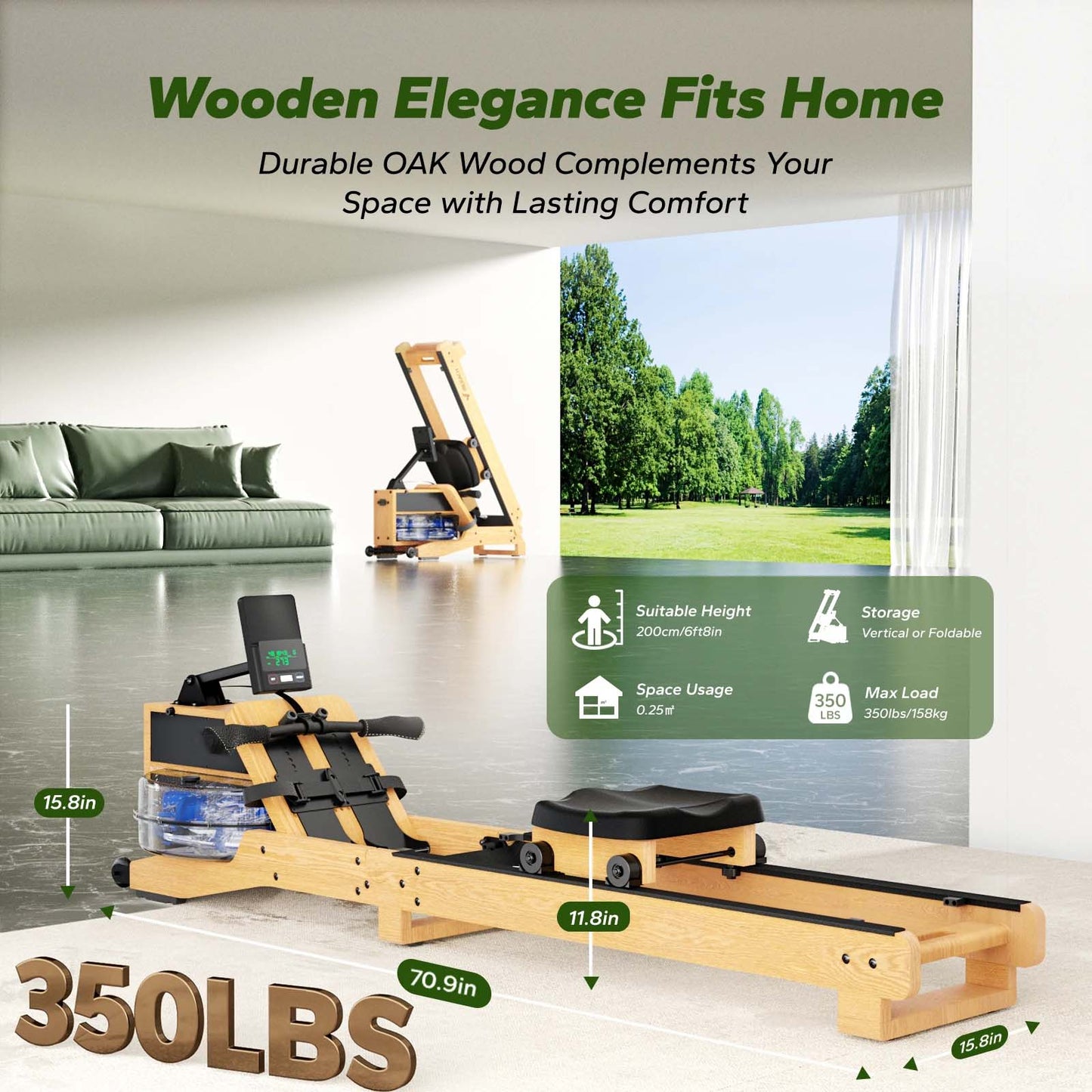 Water Rowing Machine | FSC Oak Wood | 12-Blade Resistance | App Sync & Easy Storage