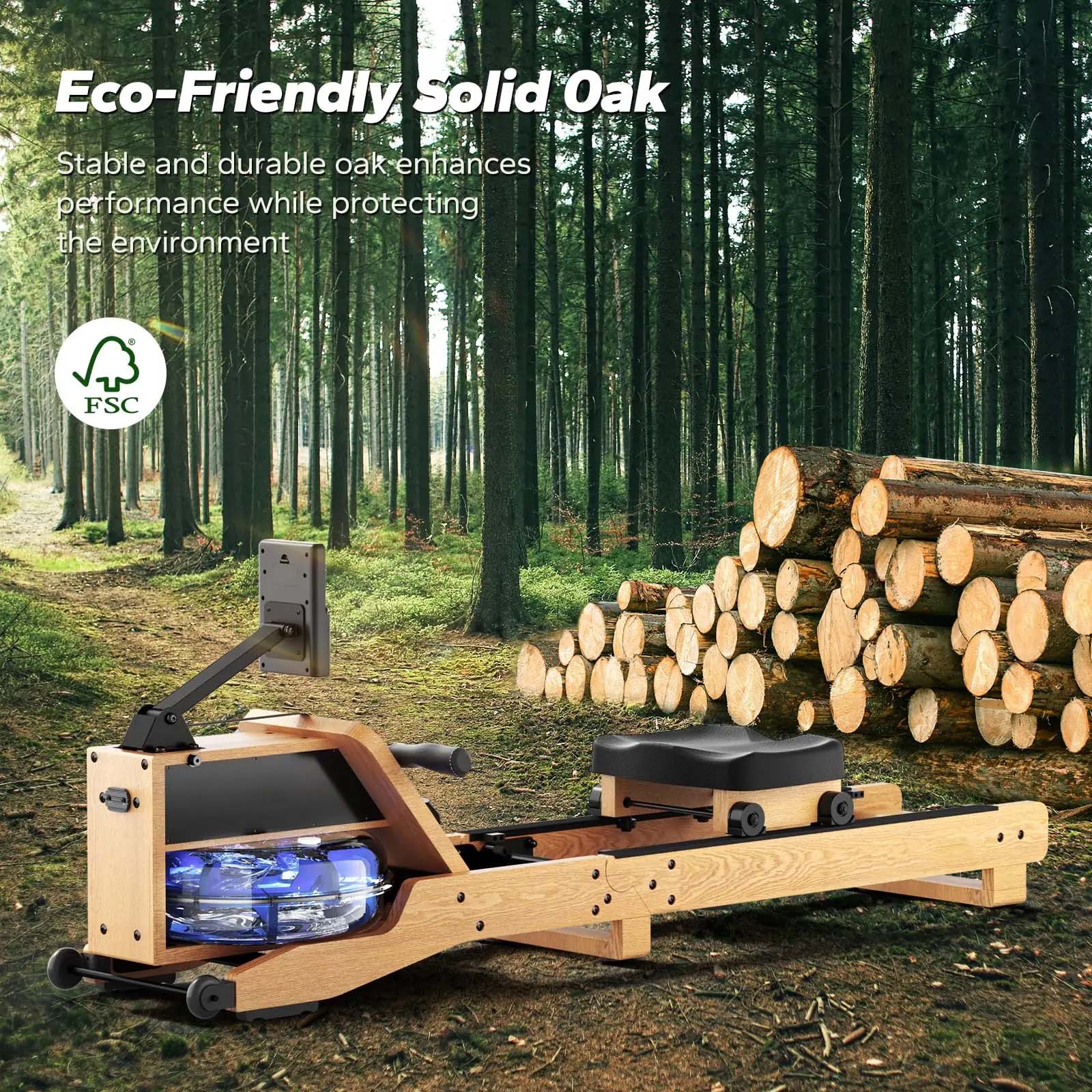 Water Rowing Machine | FSC Oak Wood | 12-Blade Resistance | App Sync & Easy Storage