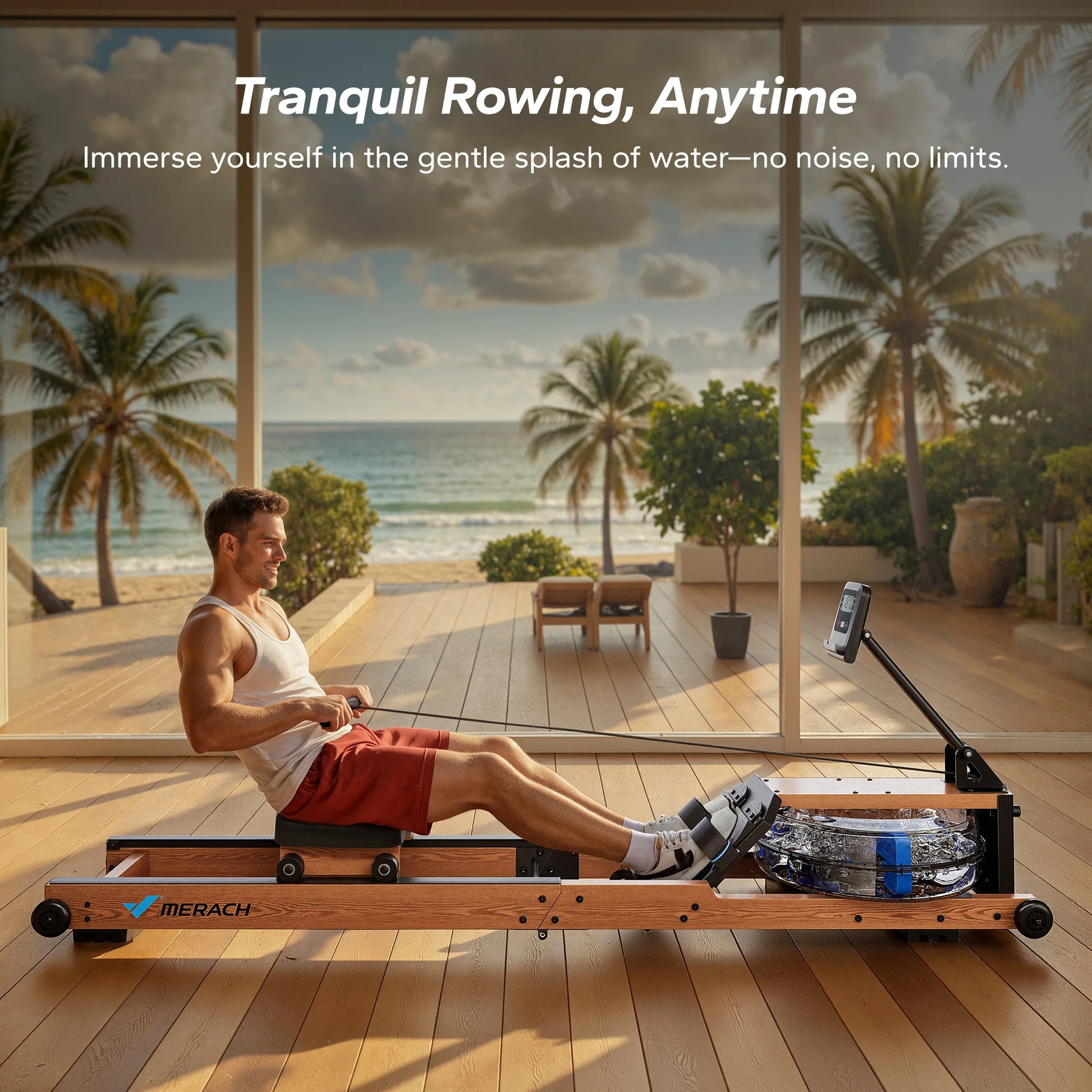 Water Rowing Machine | Foldable Solid Wood Row Machine, 400lbs Capacity, Leak-Proof Tank, Monitor & App Connected | Quiet Home Cardio Equipment