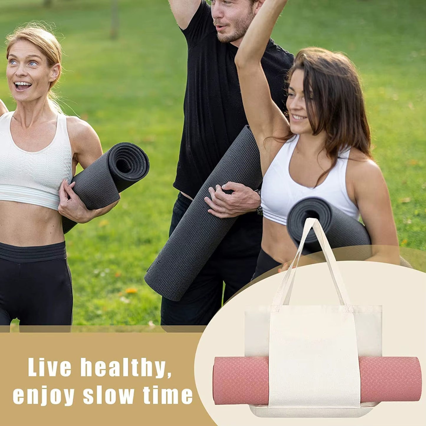 Canvas Yoga-Mat Tote Bag – Durable 14×15 in Carrier with Adjustable Strap & Bottle Pocket, Fits Standard 24 in Mats