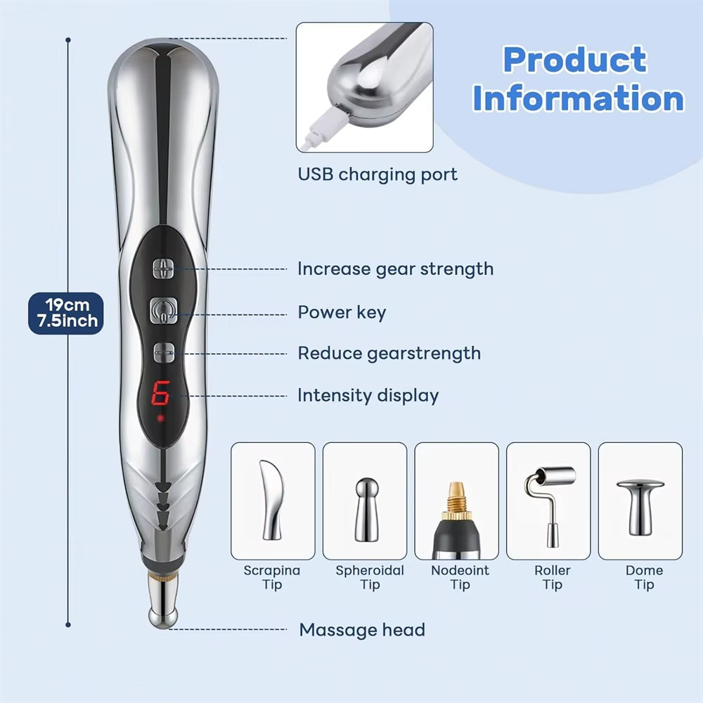 Electronic Acupuncture Pen | Needle-Free Pain Relief & Meridian Therapy | 5 Interchangeable Heads, 9 Intensity Levels, USB-C Rechargeable