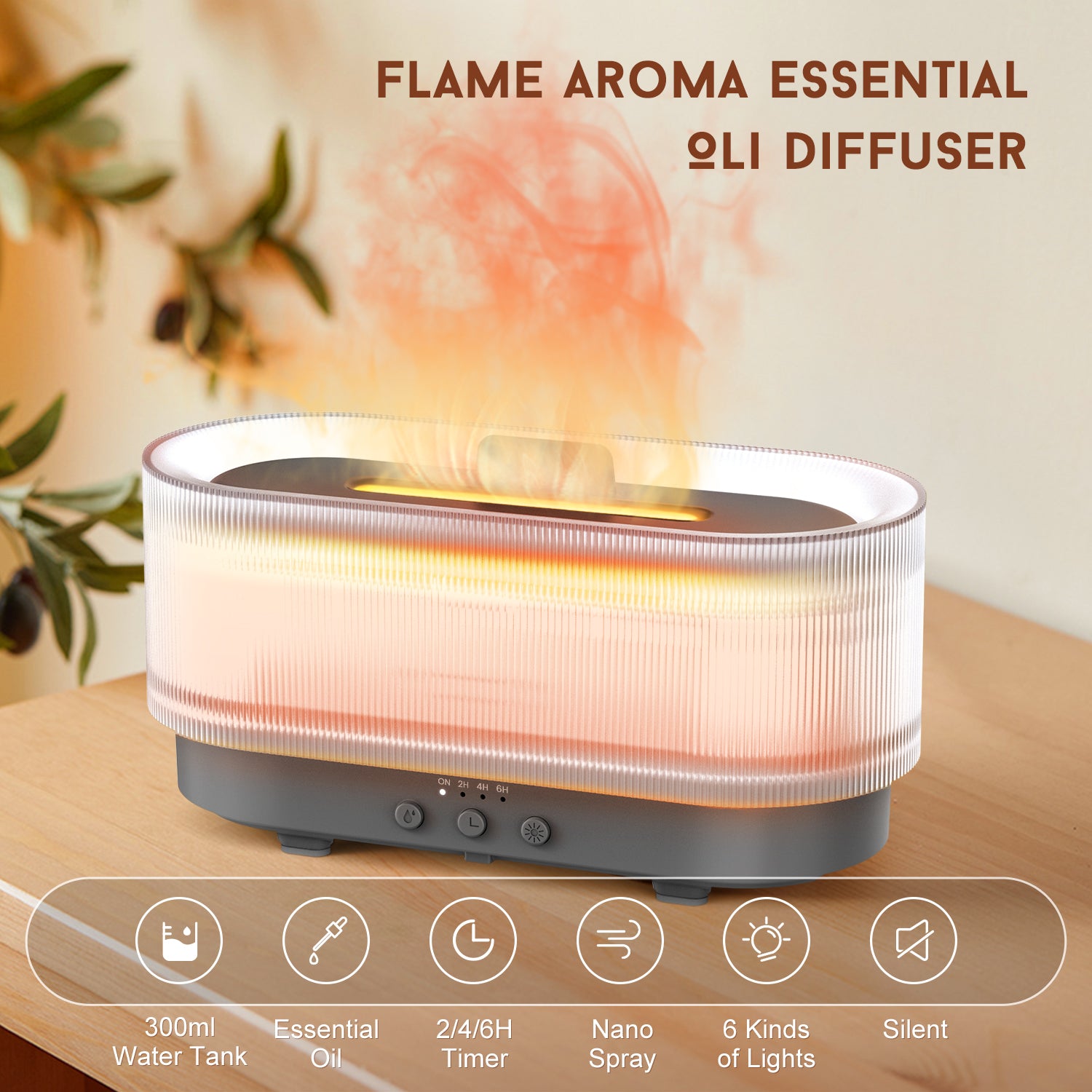 Flame Effect Essential Oil Diffuser | 300ML Aroma Humidifier with LED Firelight & Auto Shut-Off | Quiet, Portable by vitaAsana
