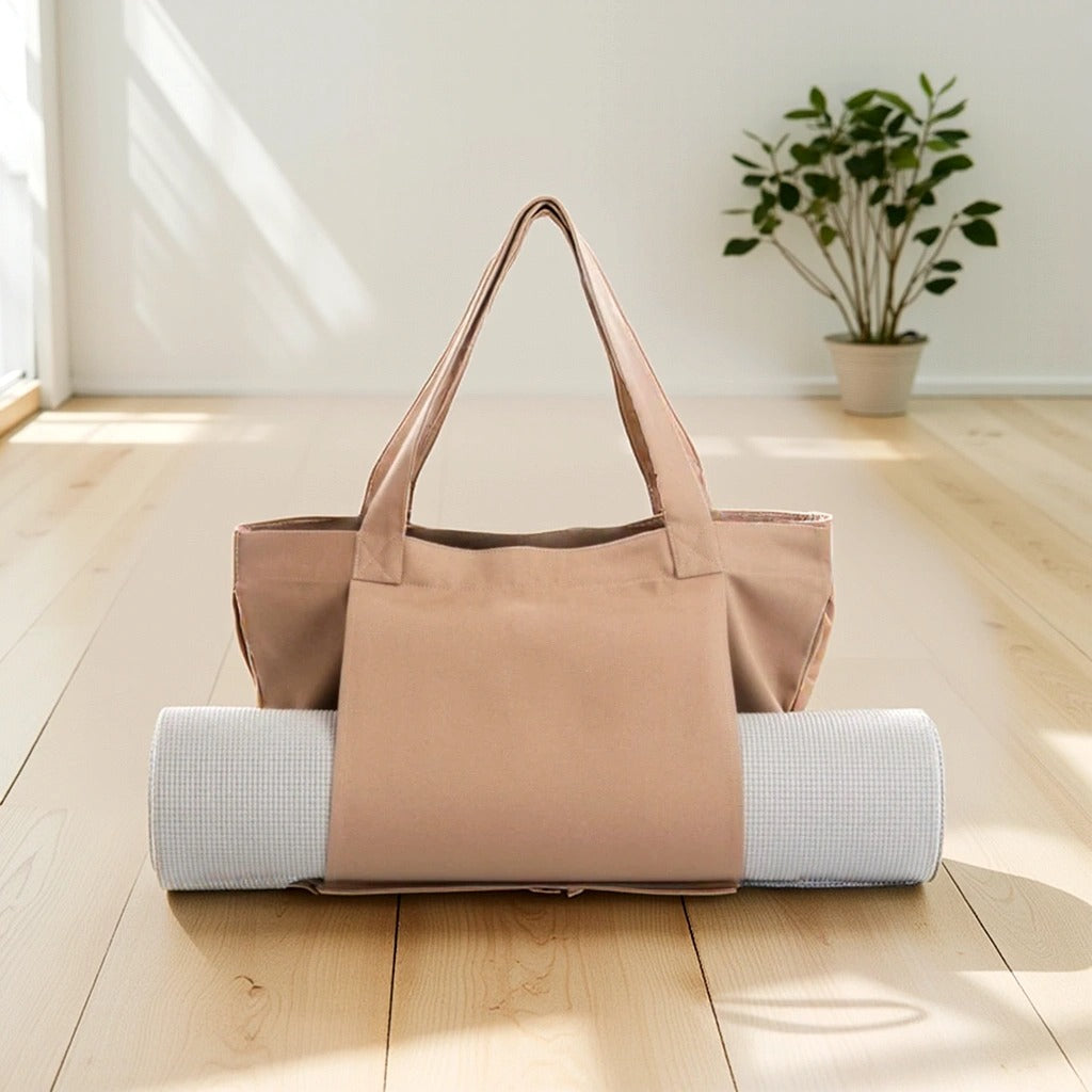 Canvas Yoga-Mat Tote Bag – Durable 14×15 in Carrier with Adjustable Strap & Bottle Pocket, Fits Standard 24 in Mats Apricot