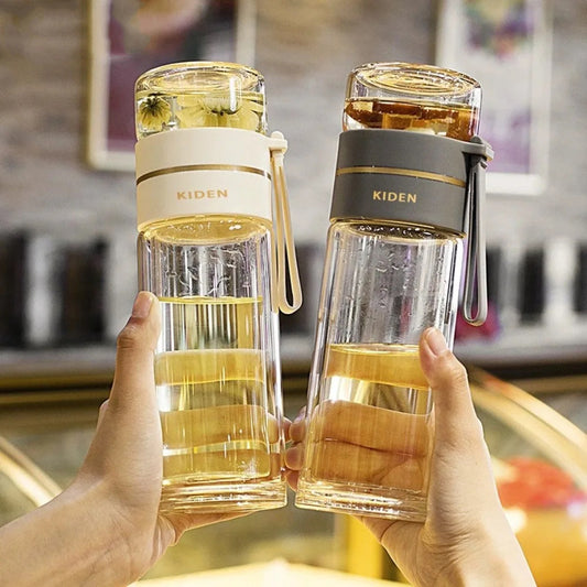 Glass Tea Infuser Bottle 13.5 oz | Double-Wall Borosilicate Glass with Stainless Steel Filter & Tea Separation | Portable Water Cup with Lid