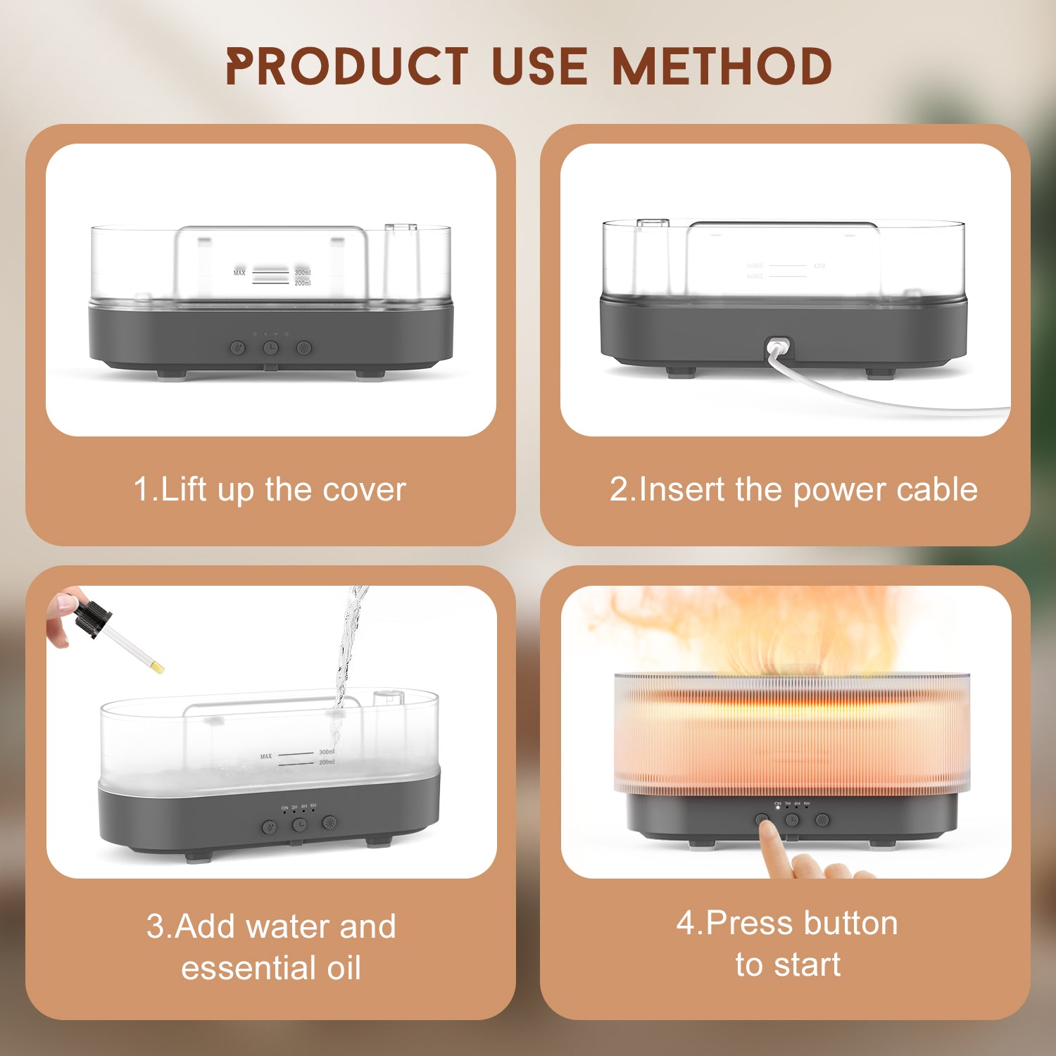 Flame Effect Essential Oil Diffuser | 300ML Aroma Humidifier with LED Firelight & Auto Shut-Off | Quiet, Portable by vitaAsana