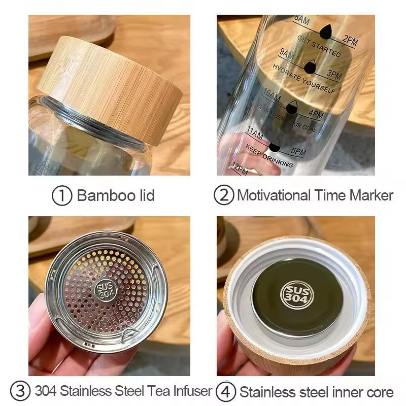 Glass Water Bottle with Time Marker | 24oz & 32oz Borosilicate with Bamboo Lid | Leakproof, Reusable, Wide Mouth for Fruit & Ice