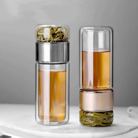Glass Tea Infuser Bottle | 14.5oz Double Wall Borosilicate Travel Mug | Portable Tumbler for Loose Leaf Tea & Coffee