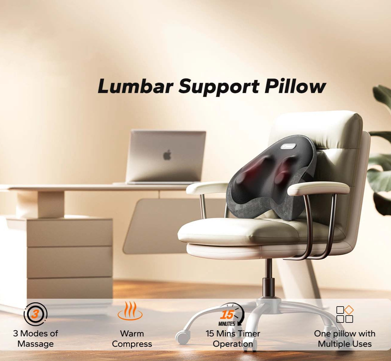 Lumbar Support Pillow | Heated Memory Foam Back Support with 4 Shiatsu Massage Heads for Office Chair, Car, Bed or Sofa