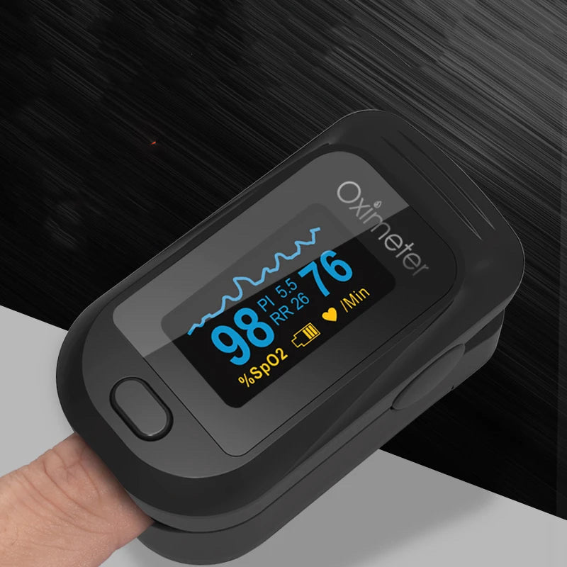 Fingertip Pulse Oximeter | SpO2, Heart Rate, PI & RR Monitor | OLED Display | Portable Oxygen Saturation Meter | Blood Oxygen Monitor for Home Use
