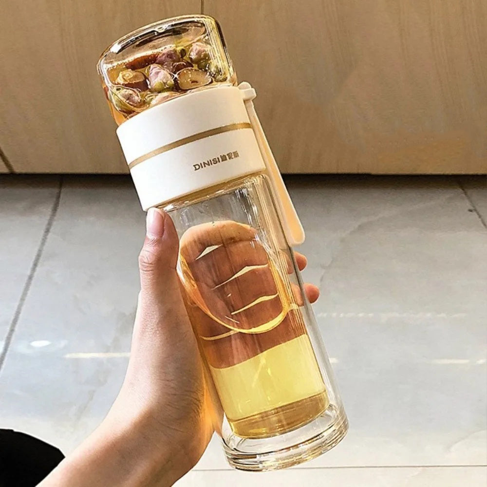 Glass Tea Infuser Bottle 13.5 oz | Double-Wall Borosilicate Glass with Stainless Steel Filter & Tea Separation | Portable Water Cup with Lid