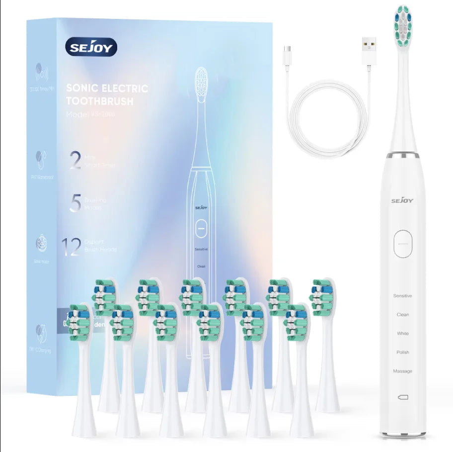 Sonic Electric Toothbrush for Adults | 37,200 VPM, 5 Modes | 12 Brush Heads, 30-Day Battery, IPX7 Waterproof, 2-Minute Timer White
