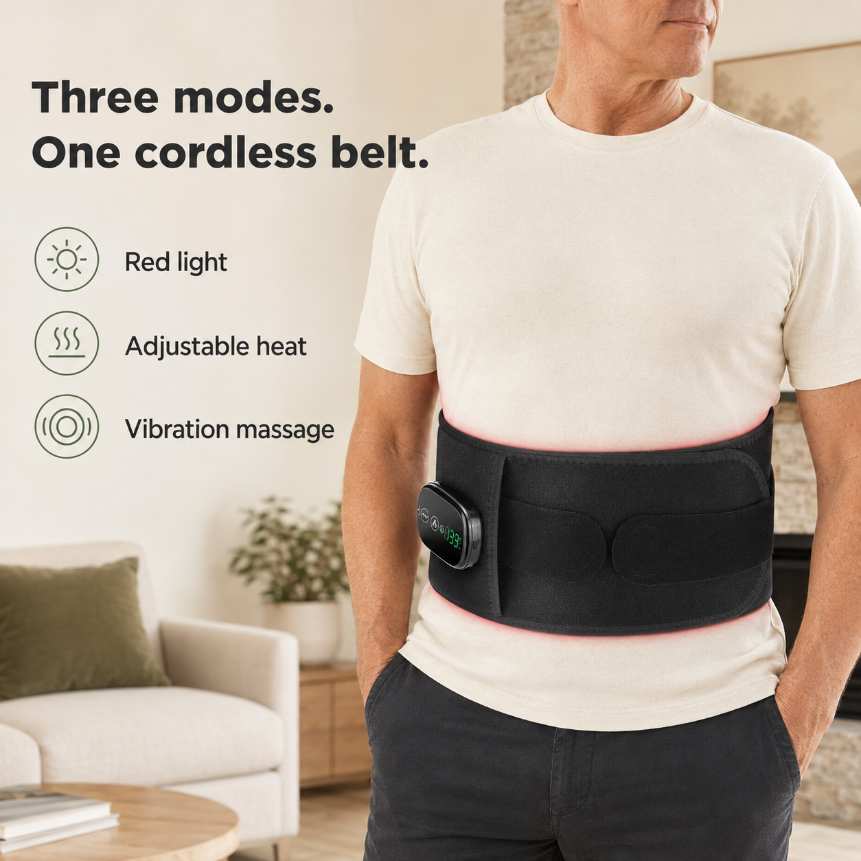 Cordless Red Light Belt with Heat and Vibration | 100 LEDs, 5 Heat Levels, 3 Massage Speeds, 5000mAh Battery & Lumbar Support