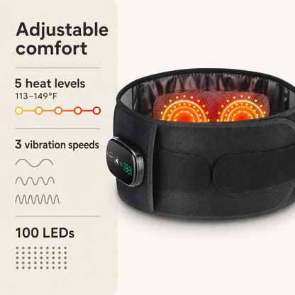 Cordless Red Light Belt with Heat and Vibration | 100 LEDs, 5 Heat Levels, 3 Massage Speeds, 5000mAh Battery & Lumbar Support