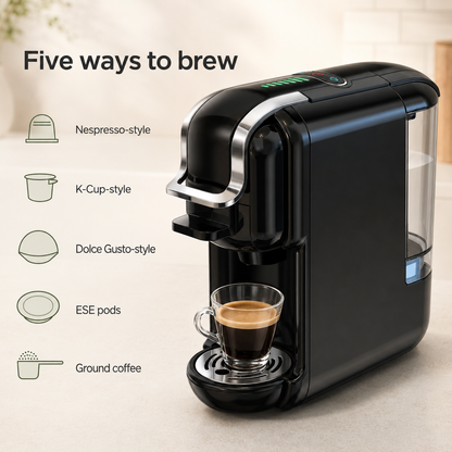 5-in-1 Capsule Coffee Machine | Compatible with Nespresso Original, K-Cup, Dolce Gusto and ESE Pods, Ground Coffee, 20-Bar Hot/Cold