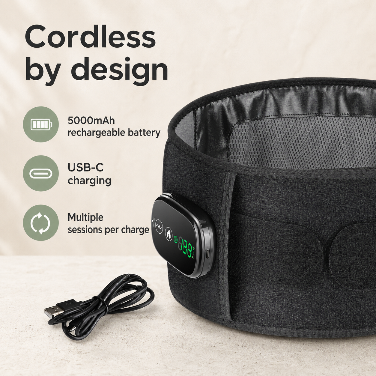 Cordless Red Light Belt with Heat and Vibration | 100 LEDs, 5 Heat Levels, 3 Massage Speeds, 5000mAh Battery & Lumbar Support
