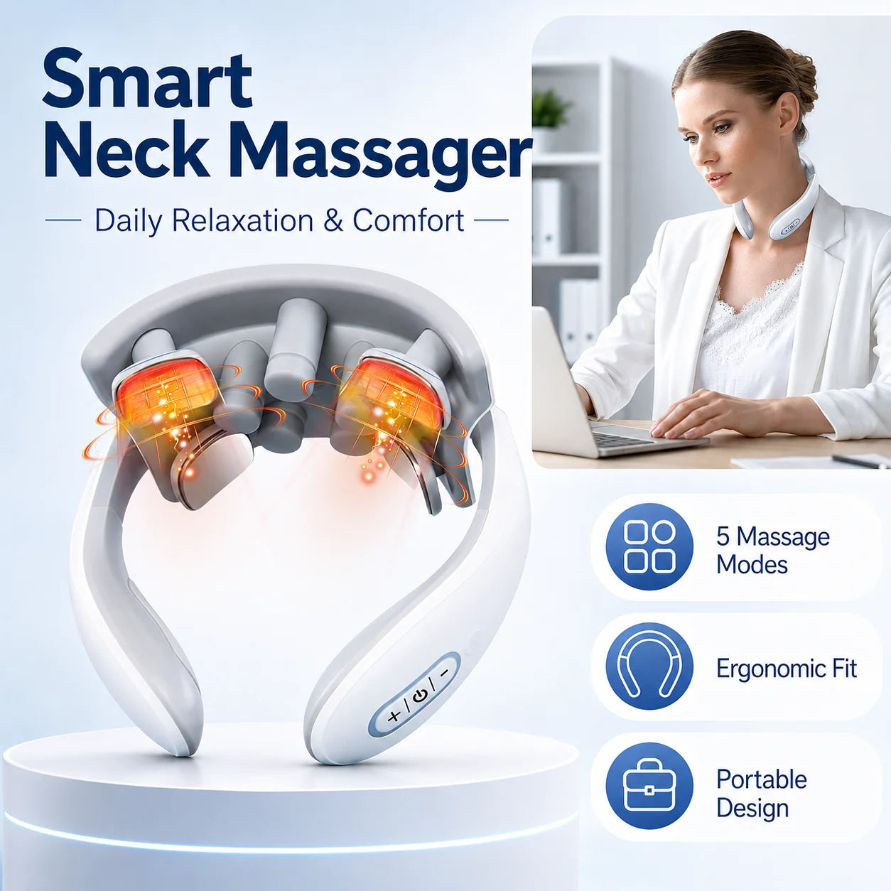 Portable Neck Massager with 5 Massage Modes, Gentle Warmth, Ergonomic Fit for Home, Office & Travel