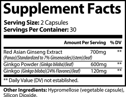 Ginkgo Biloba & Ginseng Capsules | Korean Red Panax Ginseng | Brain Support | Energy Boost | Focus & Memory | Cognitive Health | Vita Asana