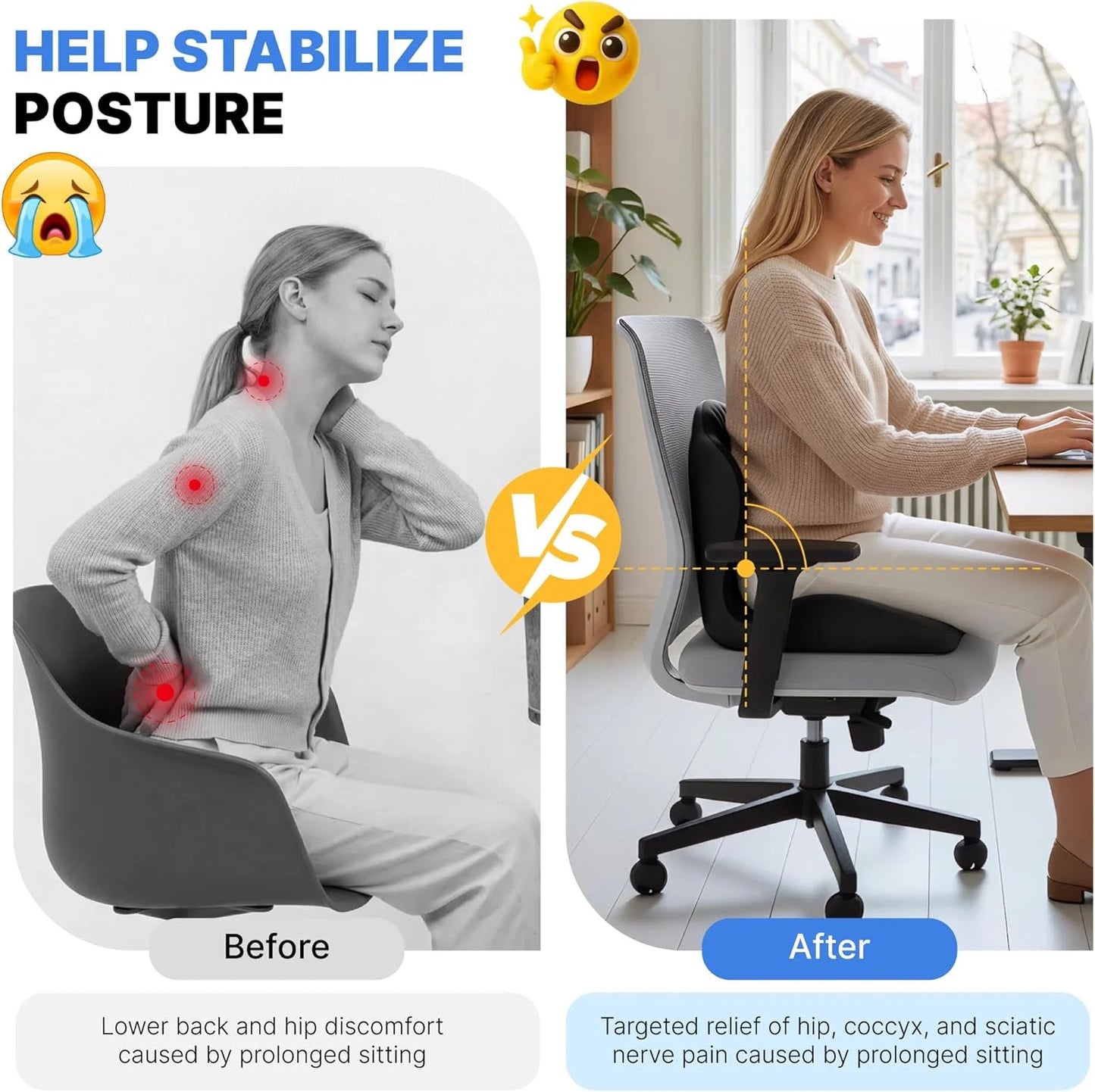 Seat Cushion with Back Support | Memory Foam Office Chair Cushion | Ergonomic Seat and Lumbar Support for Posture