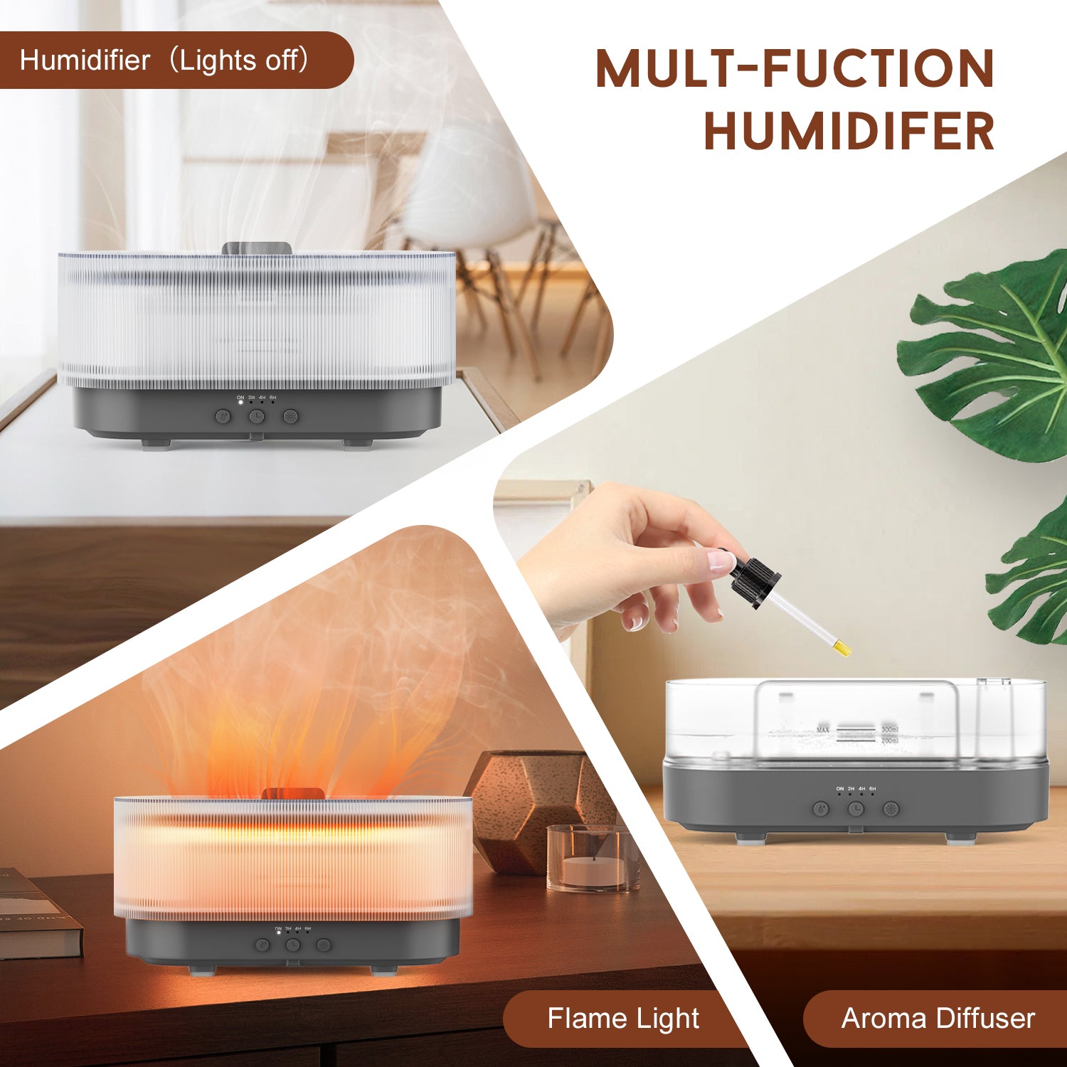 Flame Effect Essential Oil Diffuser | 300ML Aroma Humidifier with LED Firelight & Auto Shut-Off | Quiet, Portable by vitaAsana