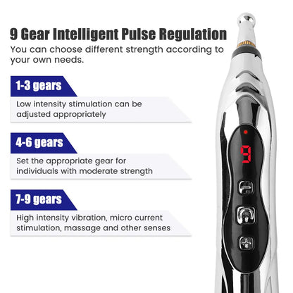 Electric Acupuncture Pen – Needle-Free Pain Relief, 9-Level Electro-Stim, 5 Therapy Heads, USB-C Rechargeable
