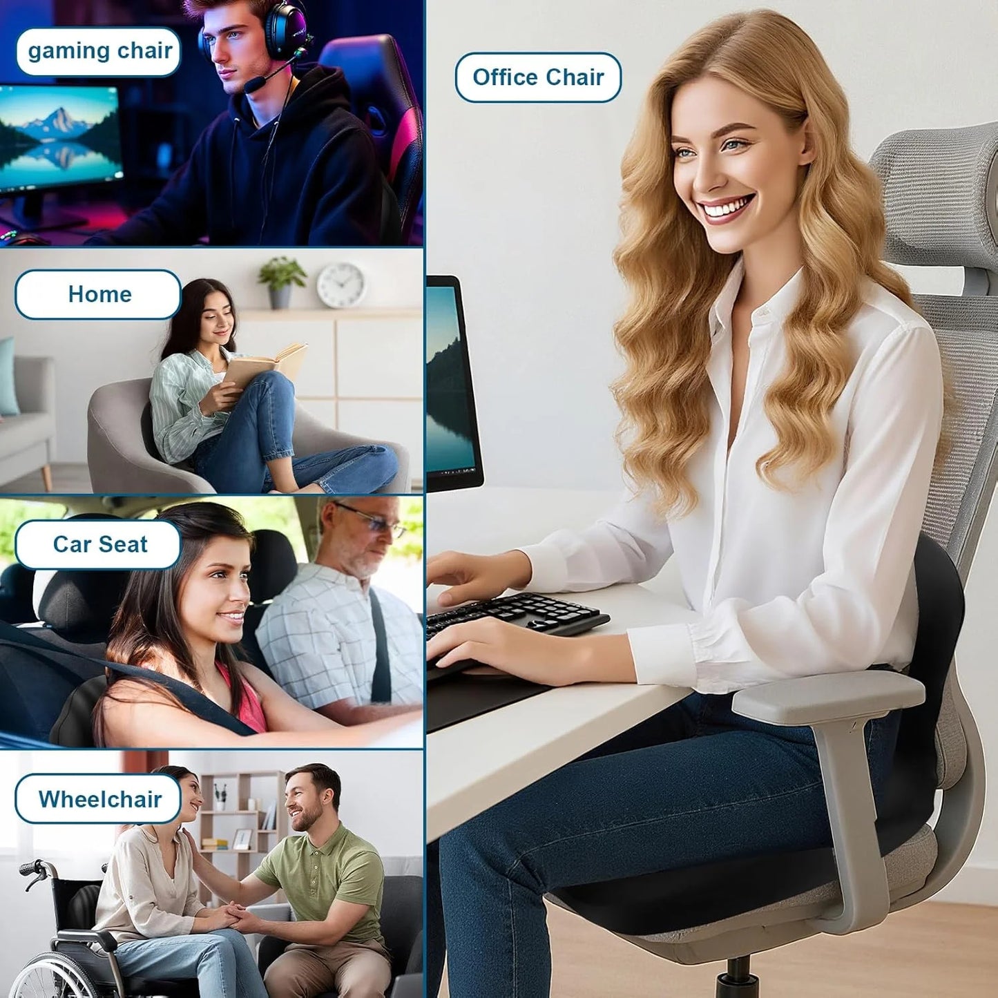 Seat Cushion with Back Support | Memory Foam Office Chair Cushion | Ergonomic Seat and Lumbar Support for Posture