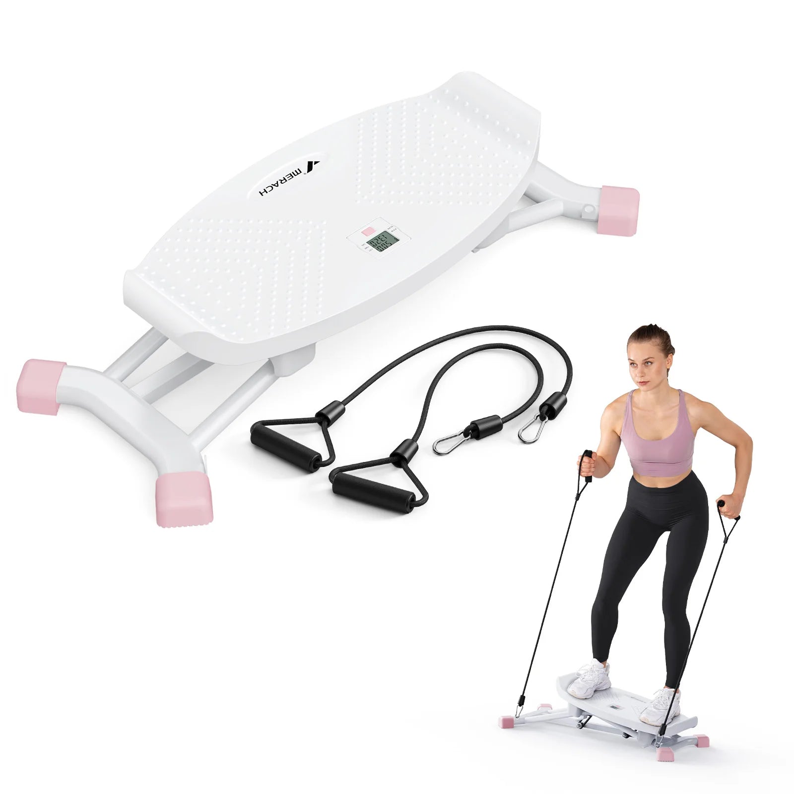 Slide Stepper Ski Machine 440 lb Capacity | Full Body Home Workout with Resistance Bands & LCD Display | No Assembly Required White