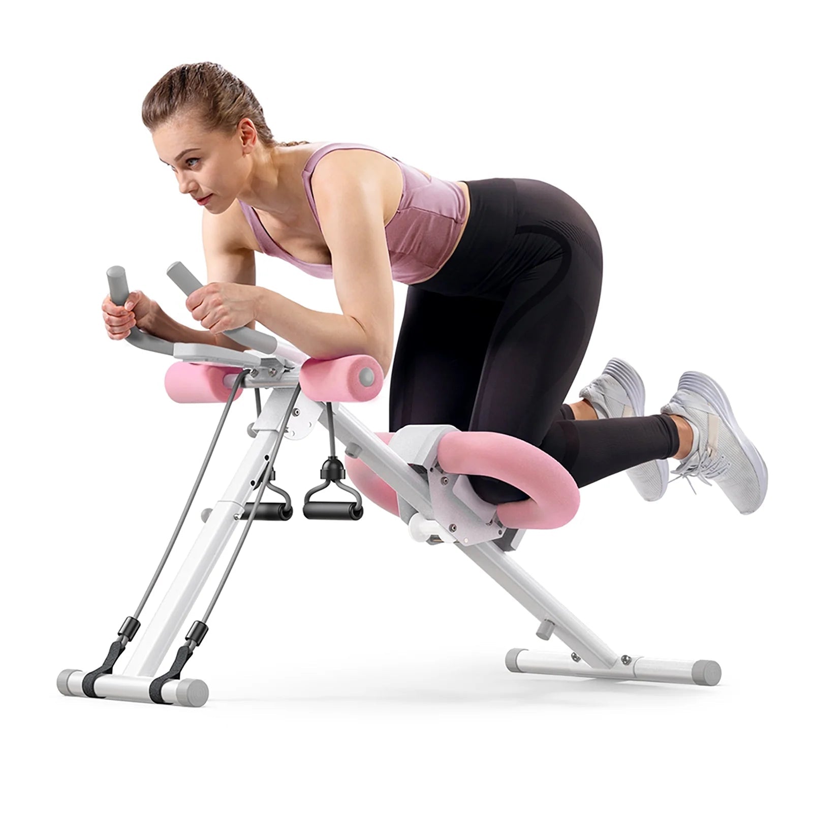 Ab Machine Adjustable Trainer | Foldable Core Ab Exercise System with LCD Display & Knee Protection | Adjustable Height for Home Gym White