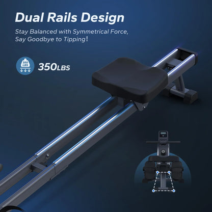 Magnetic Rowing Machine for Home | Silent Rower with Free App, Dual Rail Design, 350 LB Capacity & Visual Workout Tracking
