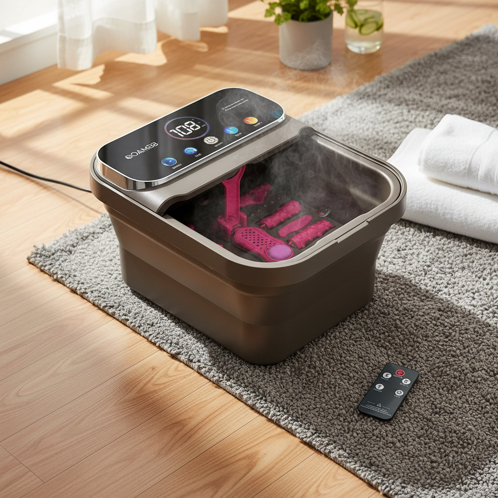 Collapsible Foot Spa with Heat & Bubbles | Foot Bath Massager with Temperature Control, Remote, Rollers & Pedicure Stone