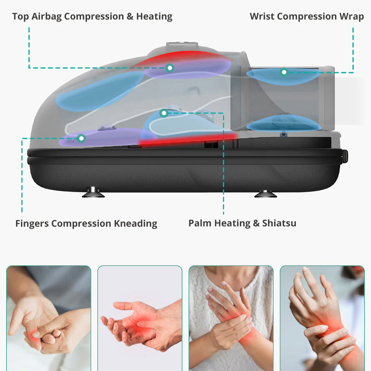 Cordless Hand Massager – 6 Modes, 6 Intensities, Air Compression & Acupressure, Dual Heat 104–122 °F, USB-C Rechargeable
