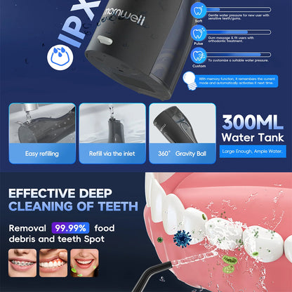 Cordless Water Flosser | Portable Oral Irrigator for Teeth Cleaning | 200ML Tank, 4 Nozzles, Rechargeable, IPX7 Waterproof, 3 Modes