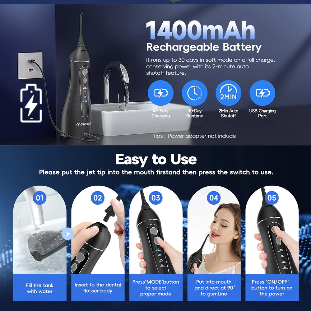 Cordless Water Flosser | Portable Oral Irrigator for Teeth Cleaning | 200ML Tank, 4 Nozzles, Rechargeable, IPX7 Waterproof, 3 Modes