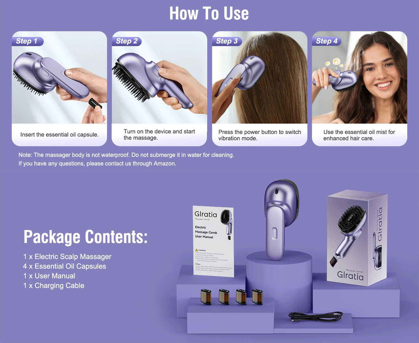 Electric Scalp Massager Brush | Essential Oil Atomizer, Vibration Head Massager, Cordless & Rechargeable, Anti-Frizz Hair Care