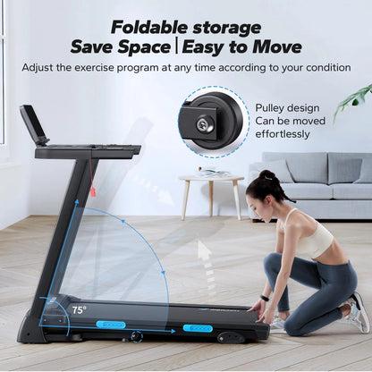 Foldable Treadmill | Incline Quiet Running Machine with Heart Rate Monitoring, Double Deck Tech, 4 Shock Cushions, Wide Belt, APP Connected | 7.5MPH | Compact Home Gym T12B1