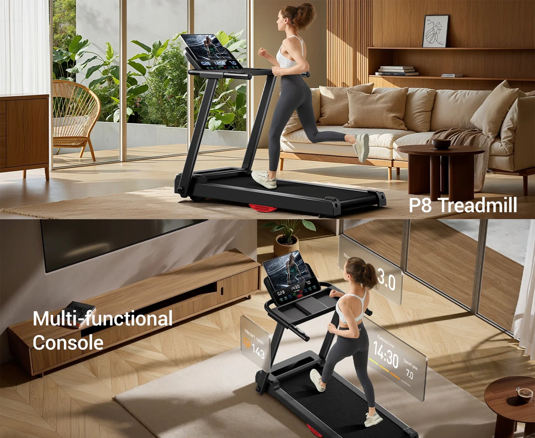 Foldable Treadmill with Smart Handrail & Shock Absorbing System 3.0 HP, Bluetooth & Heart Rate Monitor - 300LB Capacity
