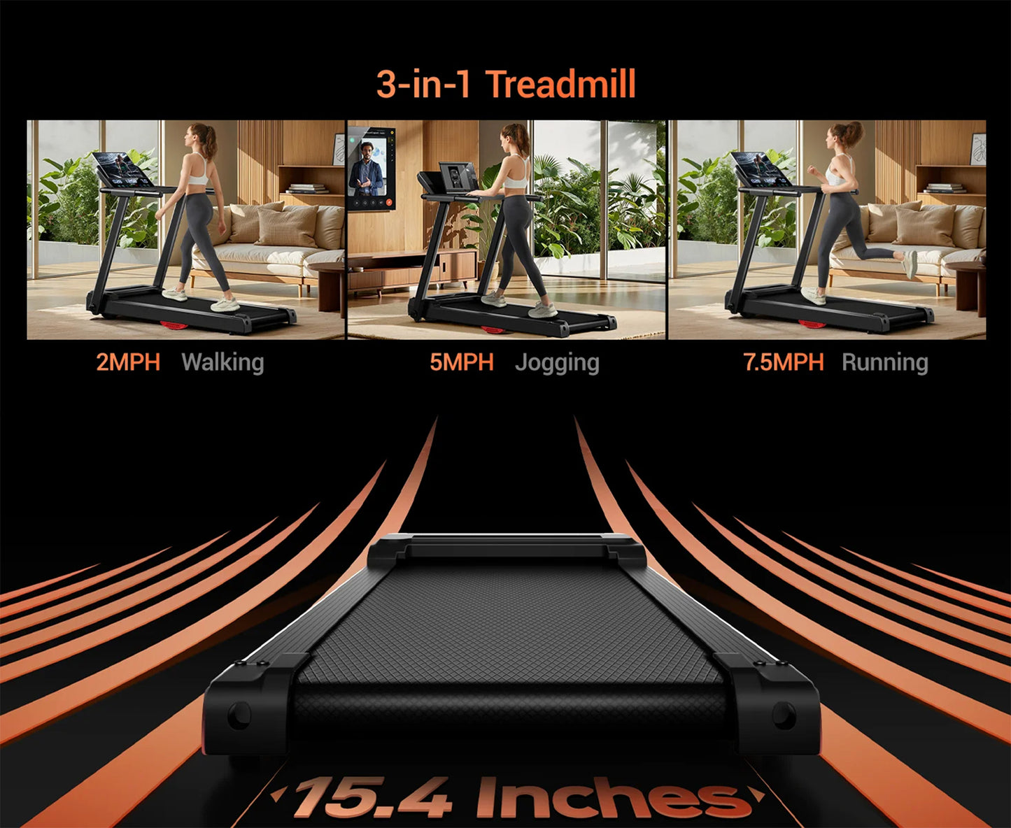 Foldable Treadmill with Smart Handrail & Shock Absorbing System 3.0 HP, Bluetooth & Heart Rate Monitor - 300LB Capacity