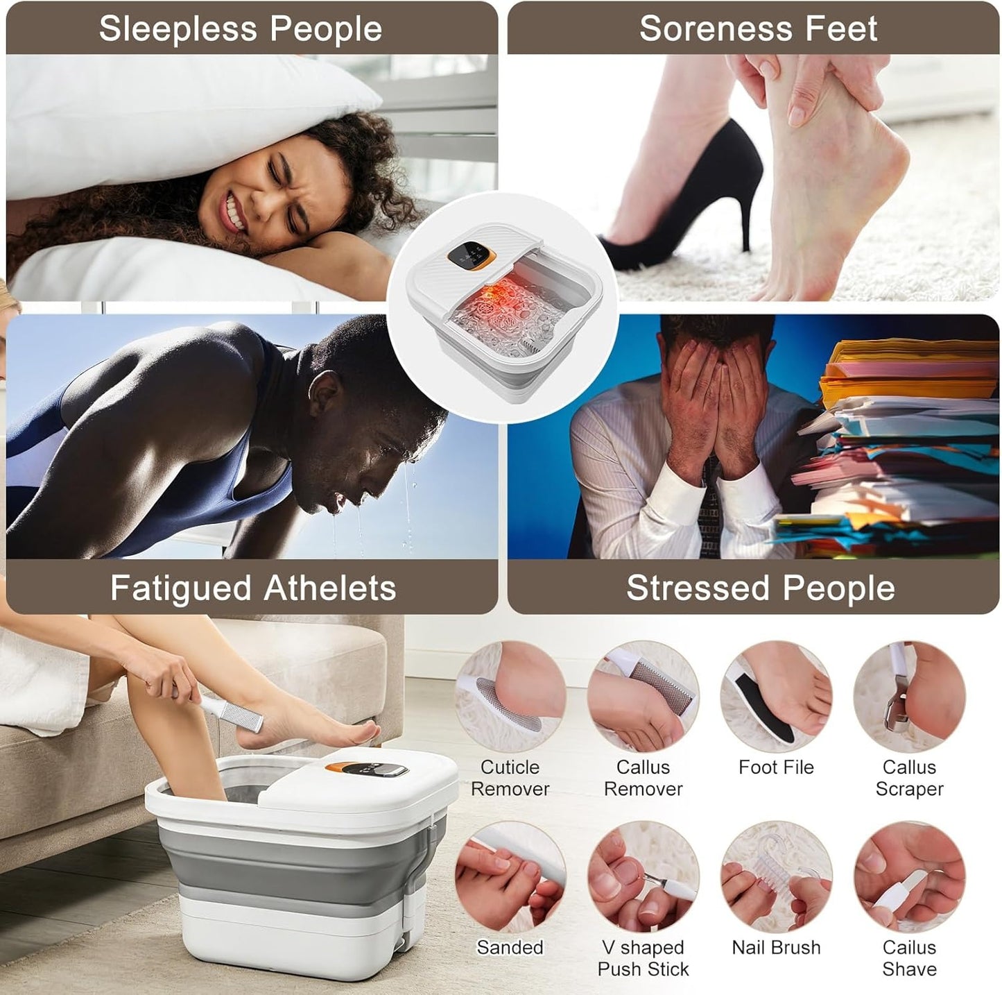 Foot Spa Massager with Heat & Motorized Rollers | Collapsible Heated Foot Bath with Temperature Control, Bubbles & Pedicure Kit