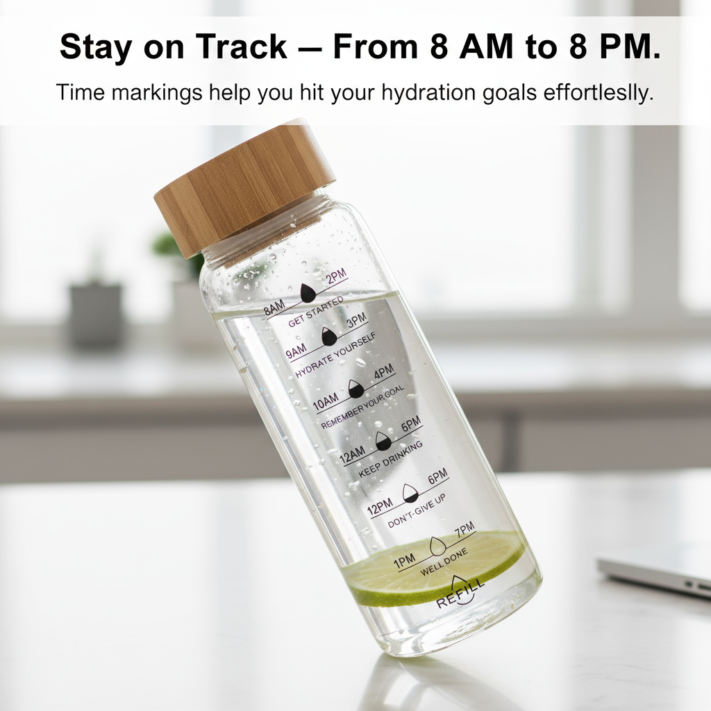 Glass Water Bottle with Time Markings | Eco-Friendly Borosilicate Glass & Bamboo Lid | Leakproof, BPA-Free, Pure Taste Hydration Bottle