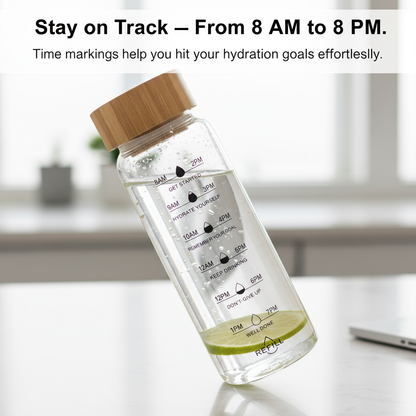 Glass Water Bottle with Time Markings | Eco-Friendly Borosilicate Glass & Bamboo Lid | Leakproof, BPA-Free, Pure Taste Hydration Bottle
