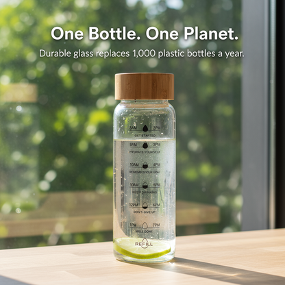 Glass Water Bottle with Time Markings | Eco-Friendly Borosilicate Glass & Bamboo Lid | Leakproof, BPA-Free, Pure Taste Hydration Bottle